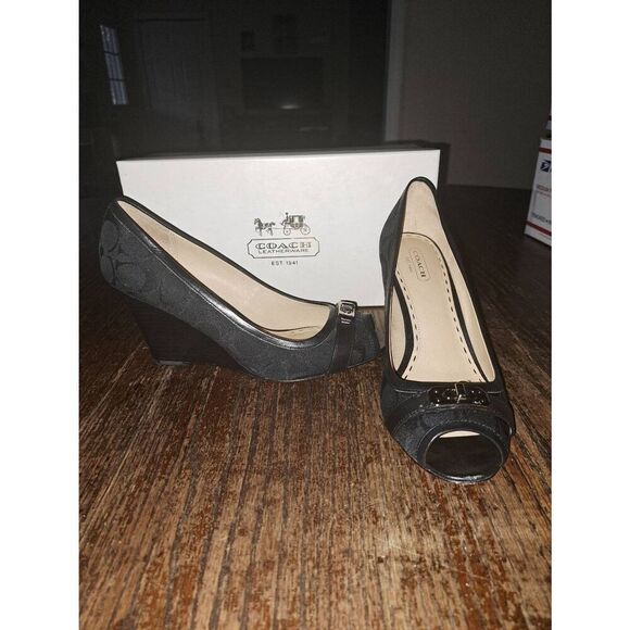 9.5B Coach Black Thea Wedge High Heel Peep Toe Signature Dress Shoes w Box - Picture 1 of 9